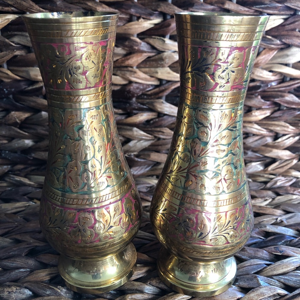 Vintage Indian etched brass flower vases set of two